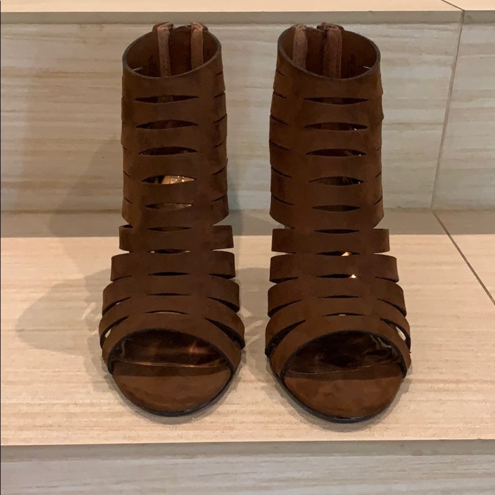 Brown open toe booties